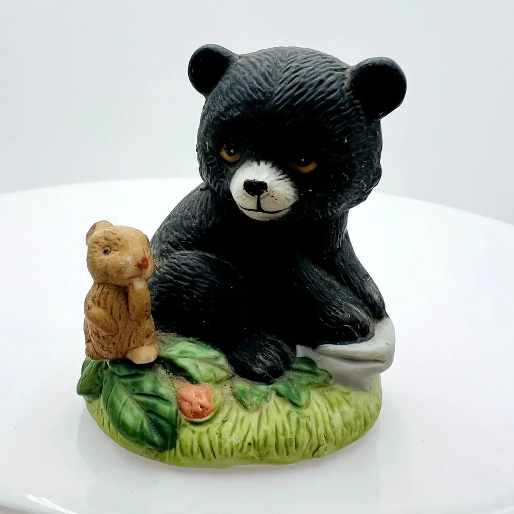 Vintage Homco Little Black Bear Cub Little Brown Bunny Rabbit Miniature #1418